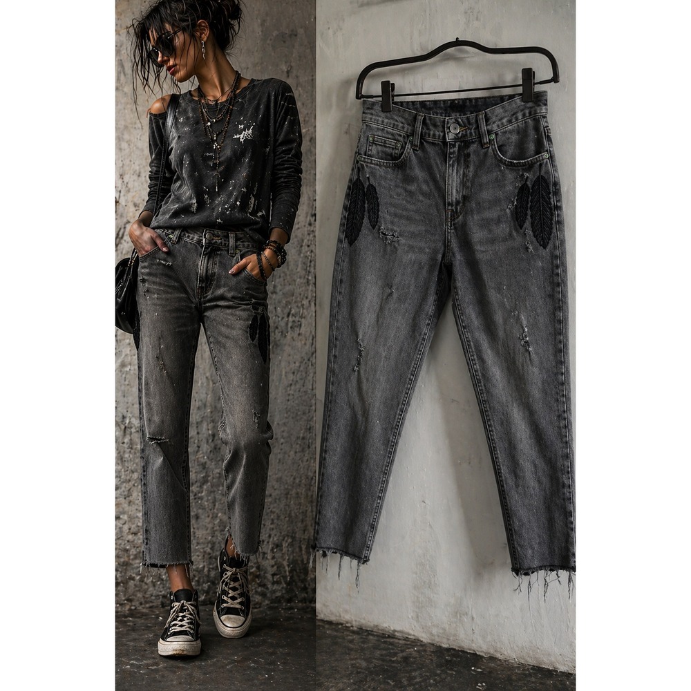 Sandrine Rose Gray Distressed Feather Embroidered Straight Leg Jeans Size 25